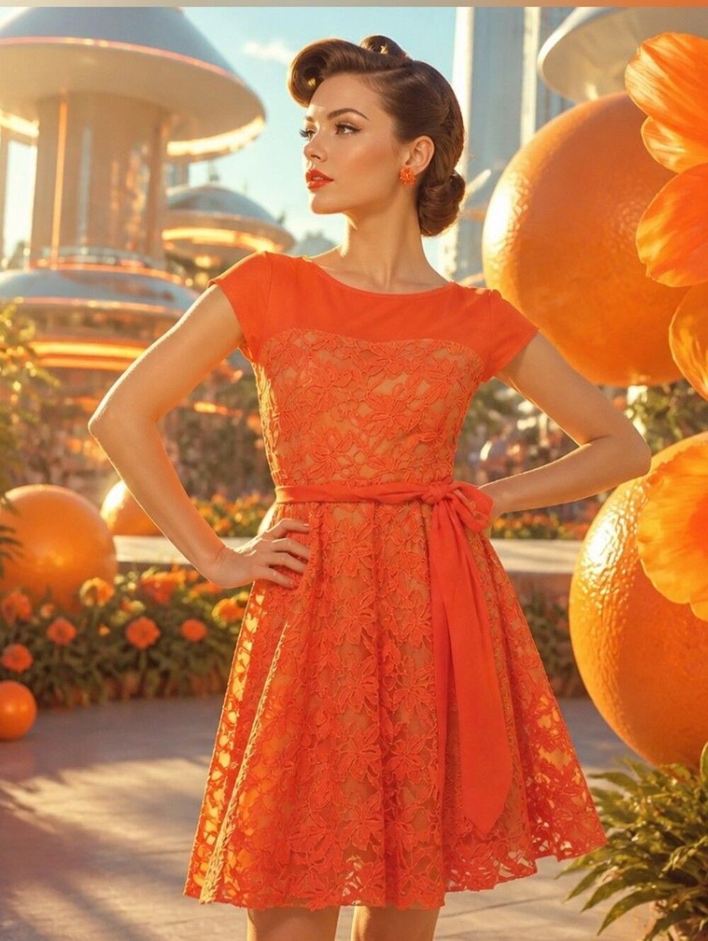 Danny & Nicole Coral Lace Fit-and-Flare Midi Dress with Sash